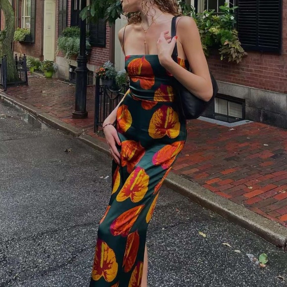 NWT Reformation Frankie Silk Maxi Dress Sz0/4/6 Daiquiri Orange Forest Green - Picture 10 of 12